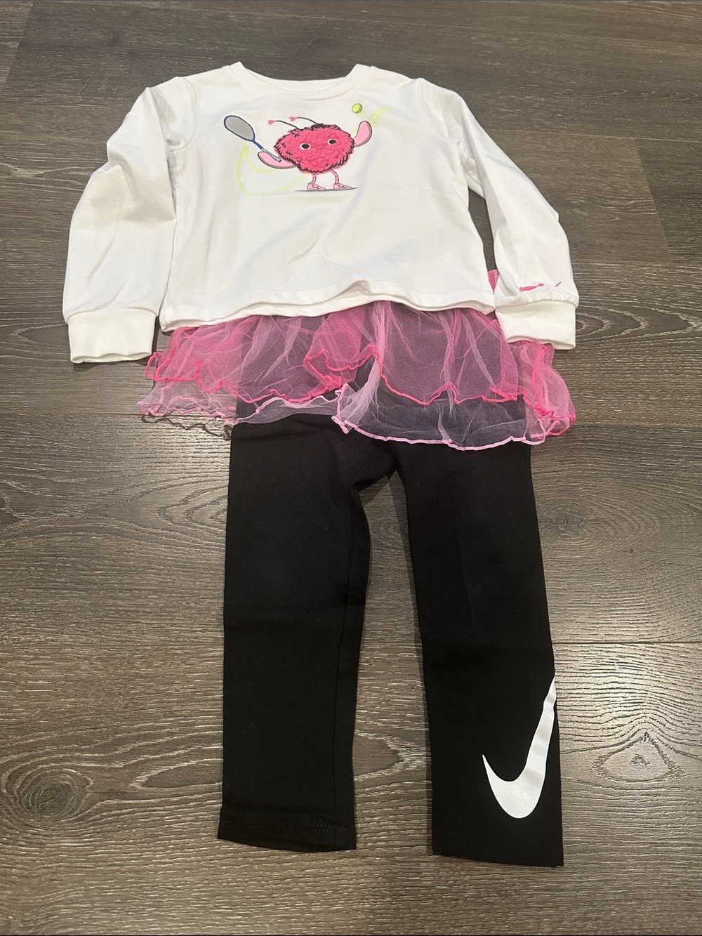 Nike Kids White Top with Pink Tulle Skirt and Black Leggings